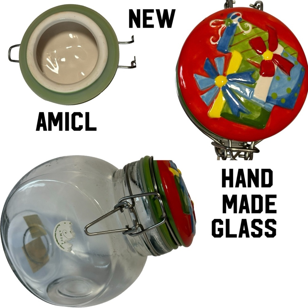Christmas AMICL Slant Glass Jar Cookie Canister Ceramic Flip Lid Holiday NEW
